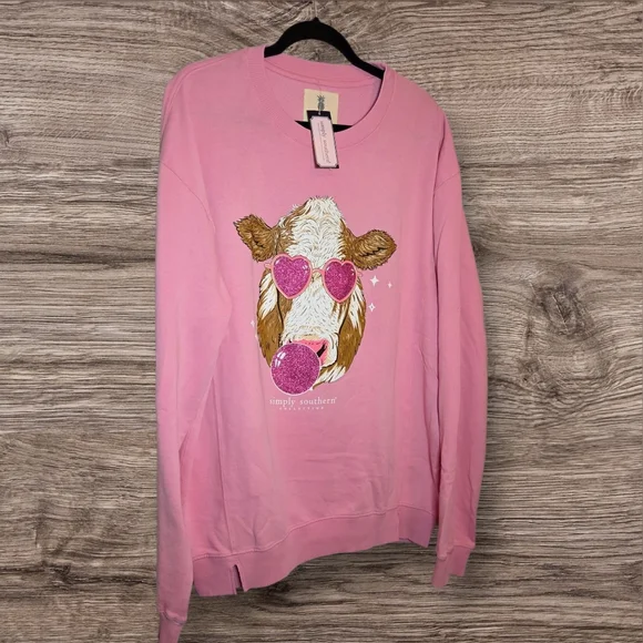 Simply Southern Bubble Gum Cow Sweatshirt, NWT - Picture 3 of 6